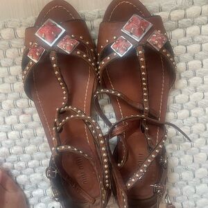 Miu Miu Chocolate Brown Sandals with Metallic Accents
